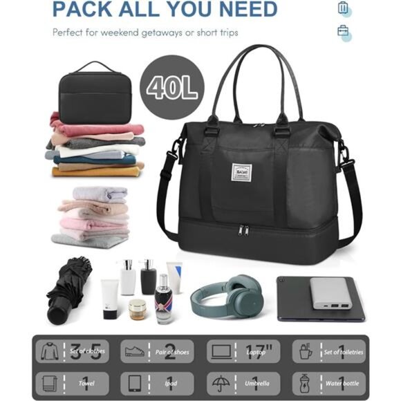 Travel Duffel Bag - Weekender, Overnight Gym Carry On Tote with Wet Pocket - Picture 2 of 8